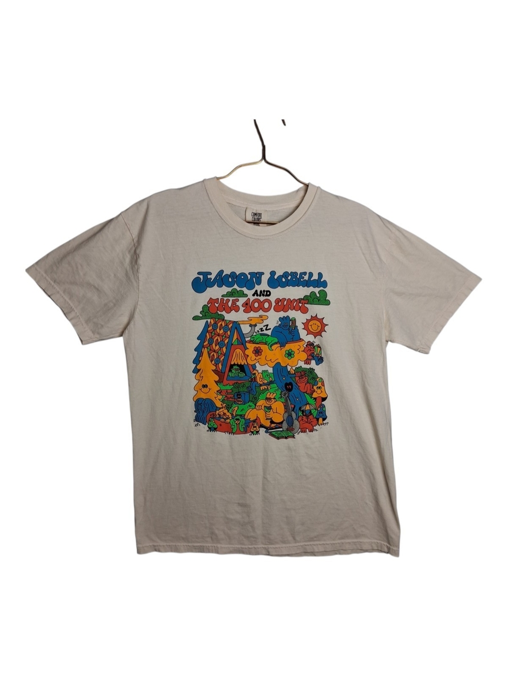 Jason Isbell 400 Unit Shirt Large Cream Comfort Colors Retro Cartoon Cabin Band